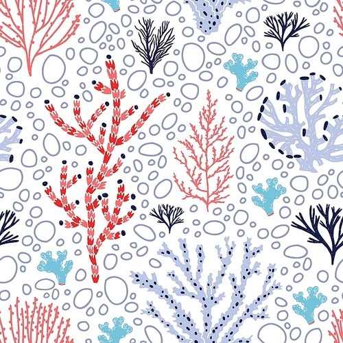 Seamless pattern with red and blue corals and seaweed on white background. Backdrop with tropical aquatic species, sea biodiversity. Flat colorful vector illustration for wallpaper, fabric