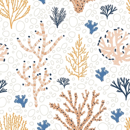 Seamless pattern with orange and blue corals, seaweed and bubbles on white background. Backdrop with exotic underwater creatures, oceanic species, sea biodiversity. Flat colorful vector illustration