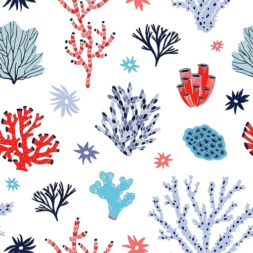 Seamless pattern with red and blue corals and seaweed or algae on white background. Backdrop with tropical aquatic creatures, undersea flora and fauna, sea or ocean life. Flat vector illustration