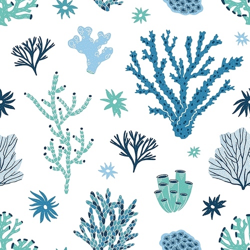 Seamless pattern with blue and green corals, seaweed or algae. Backdrop with undersea life, ocean or sea species, underwater flora and fauna. Flat colorful vector illustration for wrapping paper