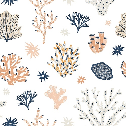 Natural seamless pattern with orange and blue corals, seaweed or algae. Backdrop with oceanic species, aquatic flora and fauna, biodiversity of tropical seabed. Flat vector illustration for wallpaper