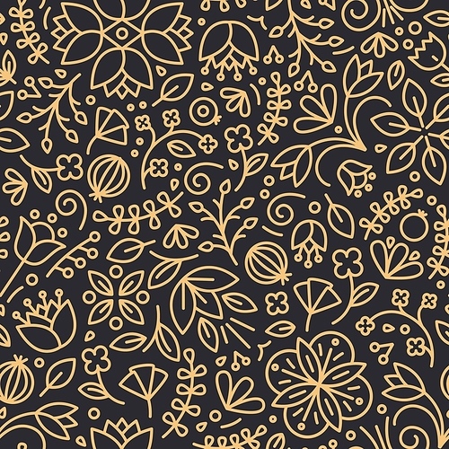 Floral seamless pattern with blooming wildflowers and berries drawn with contour lines on black background. Natural backdrop with meadow flowers. Vector illustration in linear style for wallpaper