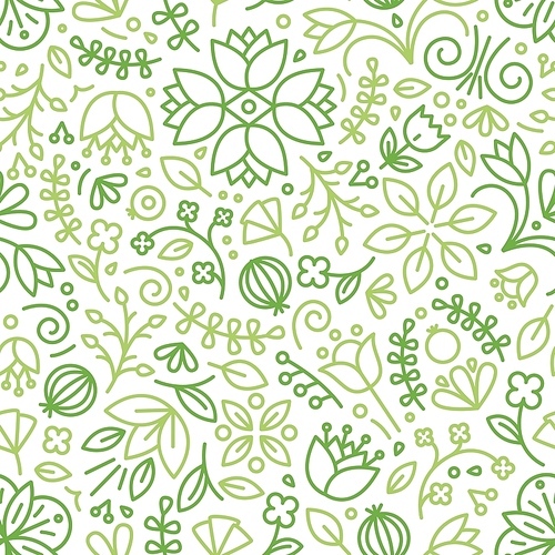 Seamless pattern with blooming plants drawn with green contour lines on white background. Floral backdrop with meadow flowers. Seasonal vector illustration in modern line art style for wrapping paper