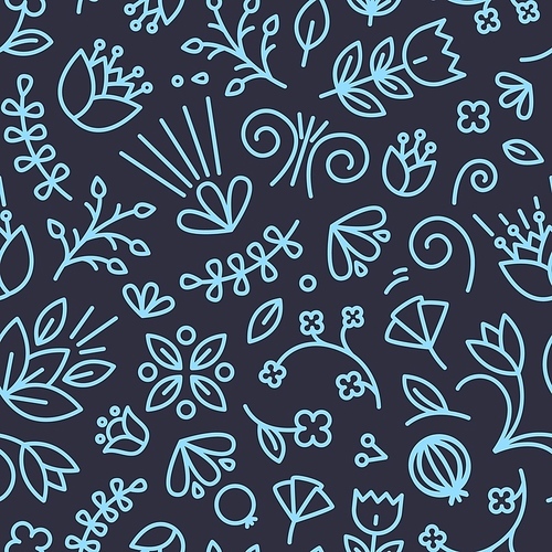 Natural seamless pattern with summer flowers and berries drawn with contour lines on black background. Backdrop with meadow vegetation. Modern vector illustration in linear style for wrapping paper