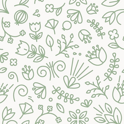 Botanical seamless pattern with blooming flowers and berries drawn with contour lines on white background. Backdrop with summer blossom. Vector illustration in line art style for textile