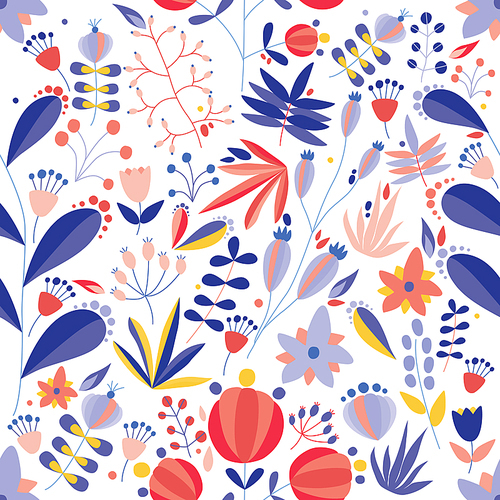 Summer seamless pattern with blooming flowers on white background. Floral backdrop with tender meadow wildflowers. Flat seasonal vector illustration in naive style for wallpaper, wrapping paper