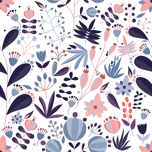 Decorative seamless pattern with blooming meadow flowers and wild flowering plants on white background. Botanical backdrop. Flat floral vector illustration for wrapping paper, wallpaper, fabric