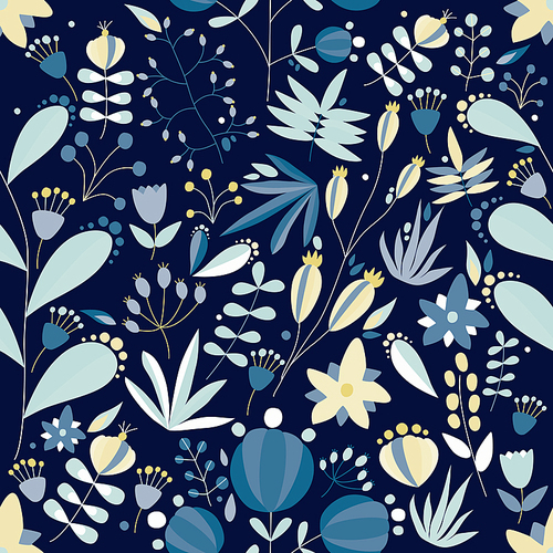 Summer seamless pattern with lovely blooming garden flowers, wild flowering plants and berries on blue background. Cute floral backdrop. Flat vector illustration for fabric , wrapping paper