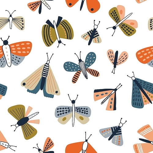 Childish seamless pattern with colorful moths on white background. Backdrop with butterflies, flying nocturnal winged insects. Flat vector illustration in naive style for textile , wallpaper