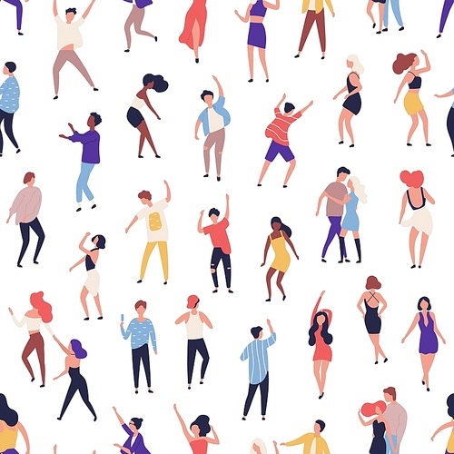 Seamless pattern with tiny people dancing on dance floor at night club on white background. Backdrop with happy of men and women having fun at party. Flat vector illustration for wrapping paper