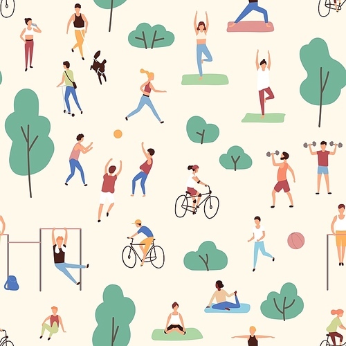 Seamless pattern with men and women performing physical or sports activities in park. Backdrop with outdoor fitness training. Flat cartoon vector illustration for wrapping paper, textile