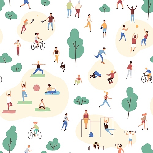 Seamless pattern with crowd of people performing healthy activities and playing sports games in park. Backdrop with outdoor fitness or aerobics workout. Flat cartoon vector illustration for wallpaper