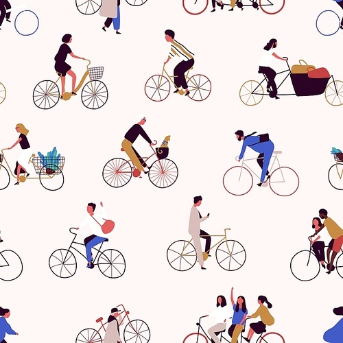 Seamless pattern with people riding bikes or bicyclists. Backdrop with men and women on bicycles. Colorful vector illustration in flat cartoon style for wrapping paper, textile , wallpaper