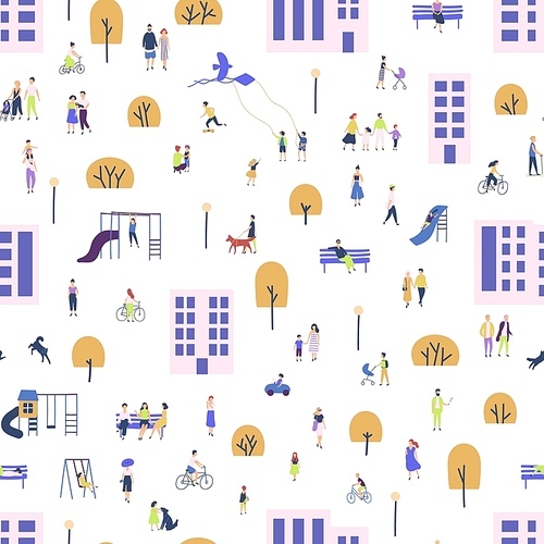 Seamless pattern with men and women walking with children or dogs, riding bicycles, sitting on bench in city suburbs. Backdrop with people performing outdoor activities on street. Vector illustration