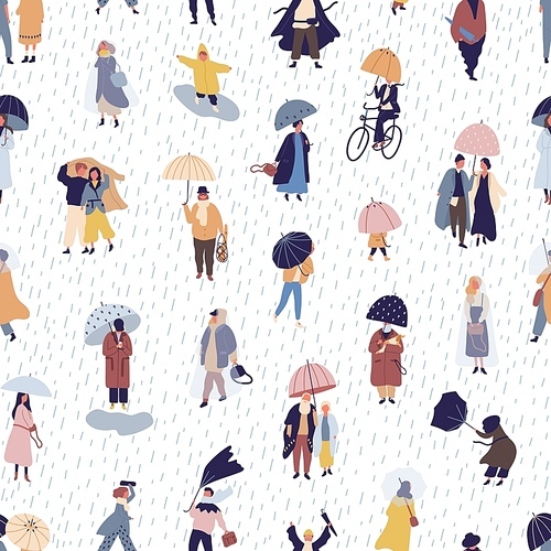 Seamless pattern with people walking under umbrella on autumn rainy day. Backdrop with men and women under rain, rainfall or shower. Colorful vector illustration in flat style for textile