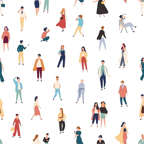 Seamless pattern with people in fashionable outfits walking, standing, posing for photo, talking. Backdrop with stylish men and women. Colorful vector illustration in flat style for textile