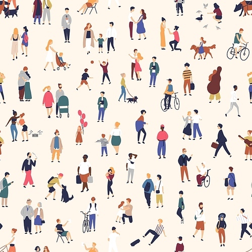 Seamless pattern with tiny people walking on street. Backdrop with men, women and children performing outdoor activity. Colorful vector illustration in flat cartoon style for wallpaper, fabric