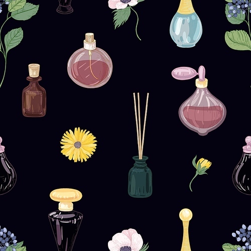 Seamless pattern with aromatic perfumes in glass decorative bottles or flasks, elegant blooming flowers on black background. Realistic vector illustration for wrapping paper, wallpaper, textile