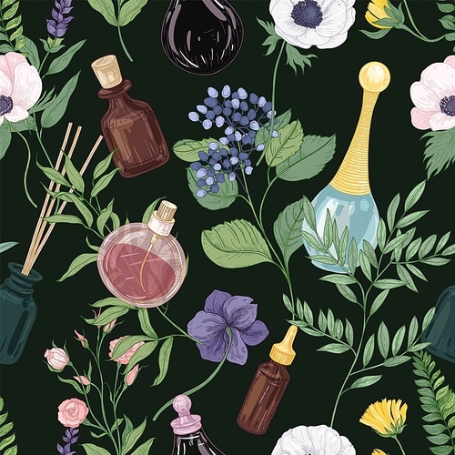 Floral seamless pattern with gorgeous tender blooming flowers and perfume in glass bottles or flasks on black background. Backdrop in antique style. Elegant vector illustration for fabric print