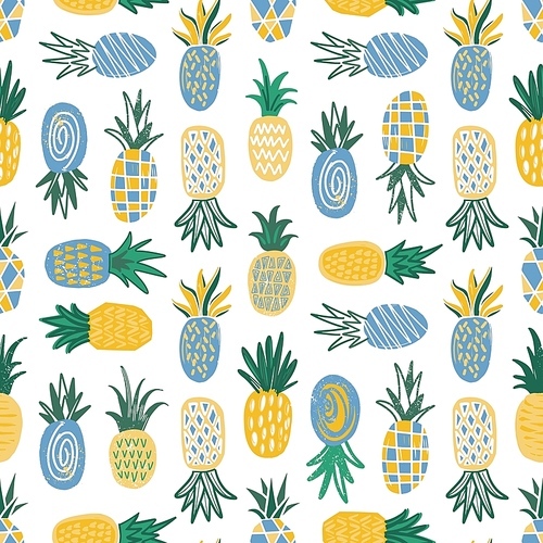 Flat seamless pattern with pineapples of various texture on white background. Backdrop with exotic tropical fresh juicy fruits. Colorful vector illustration in modern doodle style for textile