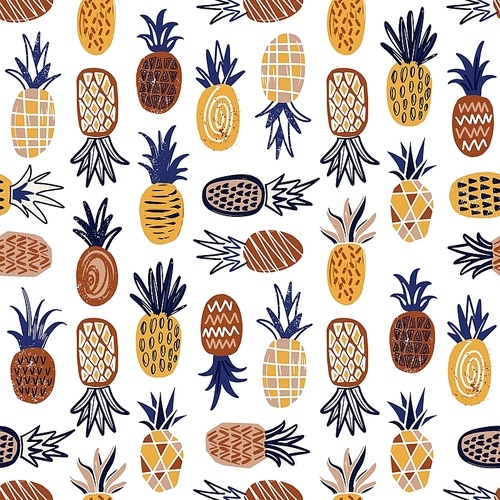 Modern seamless pattern with pineapples of various texture on white background. Backdrop with tasty summer exotic juicy fruits. Flat vector illustration in doodle style for wrapping paper, wallpaper