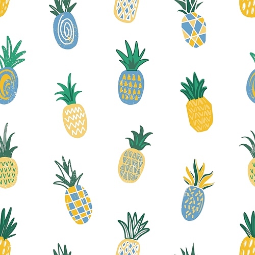 Summer seamless pattern with pineapples of different texture scattered on white background. Backdrop with delicious sweet fresh tropical juicy fruits. Flat vector illustration for fabric