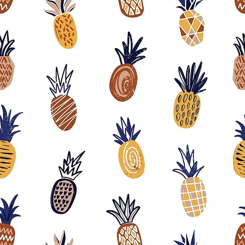 Trendy seamless pattern with textured pineapples on light background. Backdrop with exotic sweet fruits. Natural vector illustration in modern style for wrapping paper, fabric , wallpaper