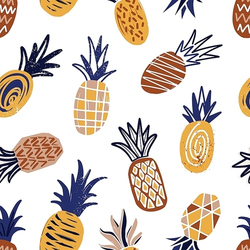 Cool seamless pattern with textured pineapples on light background. Backdrop with tropical fresh ripe juicy fruits. Natural vector illustration in modern style for wrapping paper, fabric