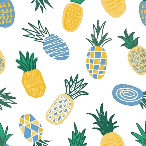 drative seamless pattern with textured pineapples on light background. backdrop with eco organic fruits. summer vector illustration in doodle style for wrapping paper, textile , wallpaper