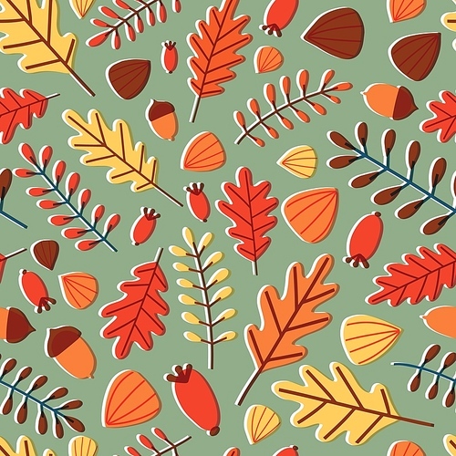 Seasonal seamless pattern with fallen autumn leaves, branches, berries and acorns on green background. Motley fall backdrop. Natural vector illustration for wrapping paper, wallpaper, textile .