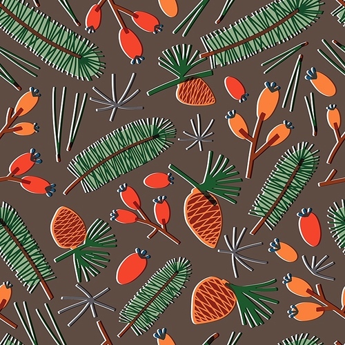 Natural seamless pattern with fir needles, branches of coniferous tree, pine cones, berries on dark background. Forest backdrop. Autumn vector illustration in flat style for fabric , wallpaper.