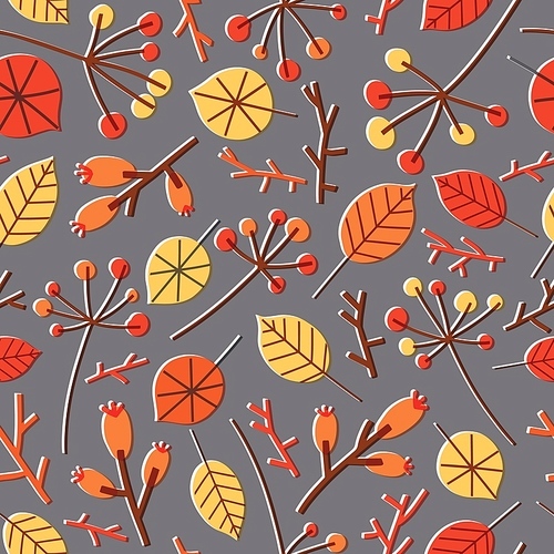 Colorful seamless pattern with autumn leaves, branches, sprigs, twigs and berries on grey background. Vivid botanical seasonal vector illustration for wrapping paper, wallpaper, fabric .