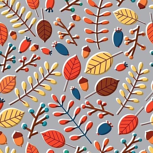 Modern seamless pattern with fallen leaves, tree branches, sprigs, twigs, acorns and berries on grey background. Autumn vector illustration in flat cartoon style for wrapping paper, fabric .