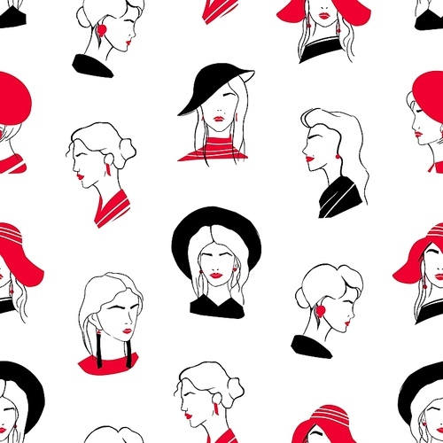 Elegant seamless pattern with heads of beautiful stylish young ladies. Backdrop with classy fashionable women on white background. Hand drawn vector illustration for wrapping paper, textile