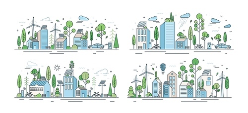 Collection of cityscapes or urban landscapes with eco city using ecologically friendly technologies - wind power, solar energy, electric transport. Modern vector illustration in line art style