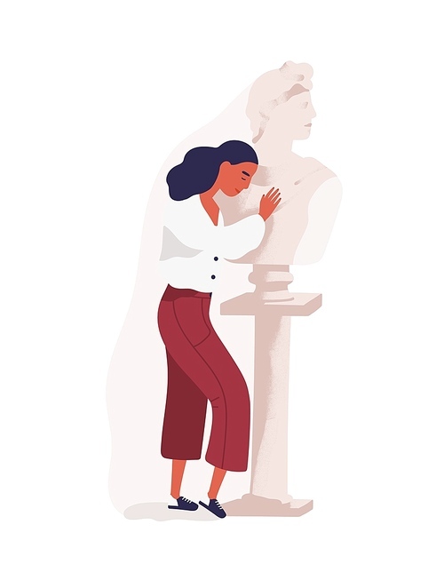 Young woman hugging statue of man. Concept of idealization of emotionally distant partner, unrequited or one-sided love, blind affection or fondness. Colored vector illustration in flat cartoon style.