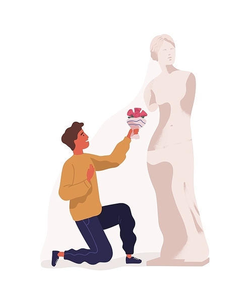 Young man standing on one knee and presenting bouquet of flowers to statue of woman. Concept of idealization of partner, unrequited love, blind affection. Colorful vector illustration in flat style