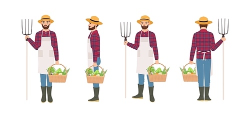 Farmer isolated on white . Agricultural worker wearing apron and straw hat holding basket full of harvested vegetables and pitchfork. Front, back and side views. Cartoon vector illustration.