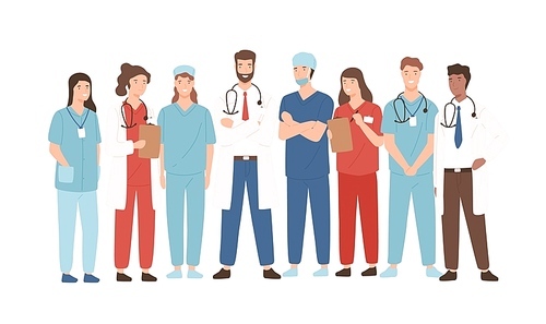 Group of hospital medical staff standing together. Male and female medicine workers - physicians, doctors, paramedics, nurses isolated on white . Vector illustration in flat cartoon style.