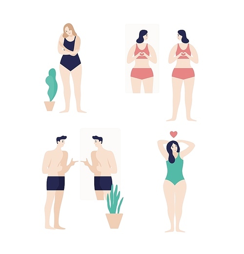Men and women dressed in underwear looking in mirror and enjoying their bodies isolated on white . Self-acceptance, satisfaction with appearance. Flat cartoon colorful vector illustration