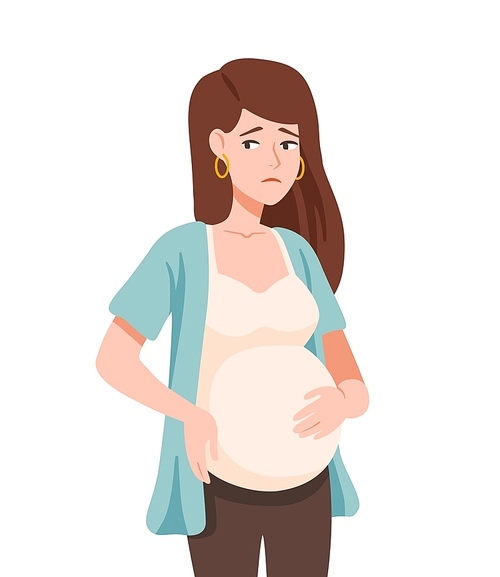 Sad young woman or unhappy pregnant teenage girl isolated on white . Social problem of adolescent or teen pregnancy. Immature mother. Colorful vector illustration in flat cartoon style
