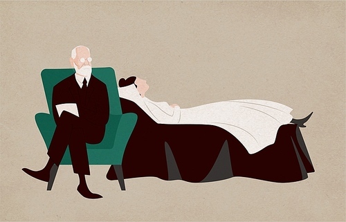 Woman lying on couch and psychiatrist sitting in armchair beside her and asking questions. Dialogue between patient and psychoanalyst. Psychoanalysis and psychotherapy. Flat vector illustration.