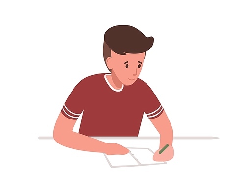 Cute young boy sitting at desk and writing school test isolated on white . Student preparing for exams at university or studying. Colorful vector illustration in flat cartoon style