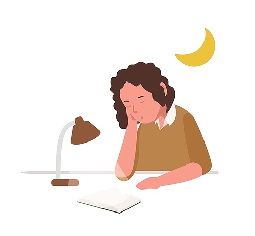 Young girl sleeping, slumbering or dozing while reading book or preparing for school lesson, examination or test. Cute student or pupil studying hard overnight. Flat cartoon vector illustration