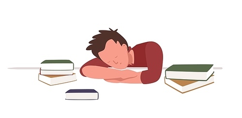 Boy sitting at desk and sleeping or taking nap among books while preparing for school or university examination or test. Student or schoolboy studying hard overnight. Flat cartoon vector illustration