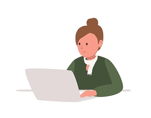 Cute teenage girl sitting at laptop computer and studying hard isolated on white . Female student or schoolgirl preparing for exams or doing homework. Flat cartoon vector illustration