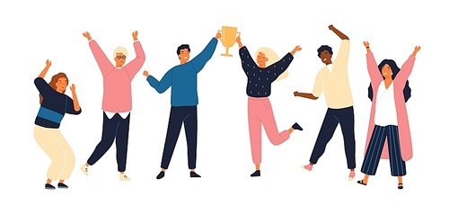 Group of young joyful people with champion cup isolated on white . Happy positive men and women celebrating victory and rejoicing together. Successful teamwork. Flat vector illustration