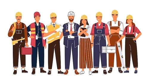 Group portrait of cute happy industry or construction workers, engineers standing together. Team of smiling male and female employees wearing hard hats and uniform. Flat cartoon vector illustration