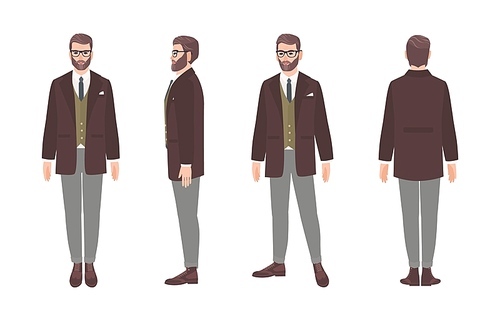 Bearded man dressed in elegant formal office clothes or business suit. Male cartoon character isolated on white . Front, side and back views. Colorful vector illustration in flat style