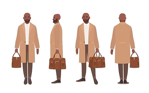 African American bald man dressed in elegant trench coat or outerwear. Male cartoon character isolated on white . Front, side and back views. Set of outfits. Flat vector illustration